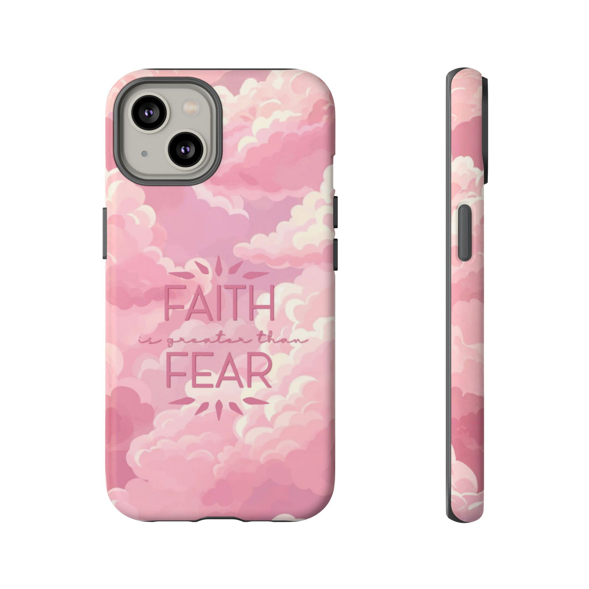 Christelijk telefoonhoesje Geloof is sterker dan angst roze mat