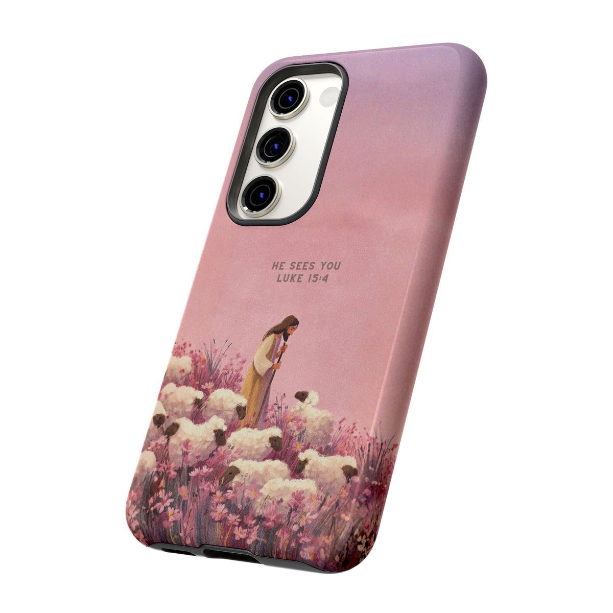 Christelijk telefoonhoesje Hij ziet jou roze mat