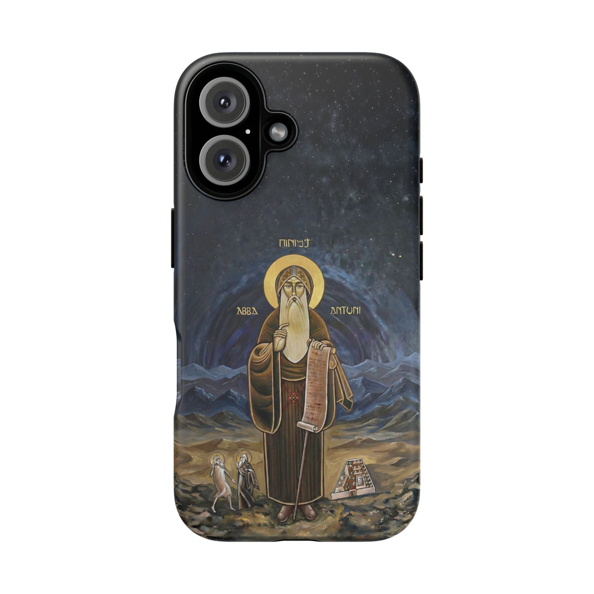 Christelijk telefoonhoesje Sint-Antonius de Grote donkerblauw mat