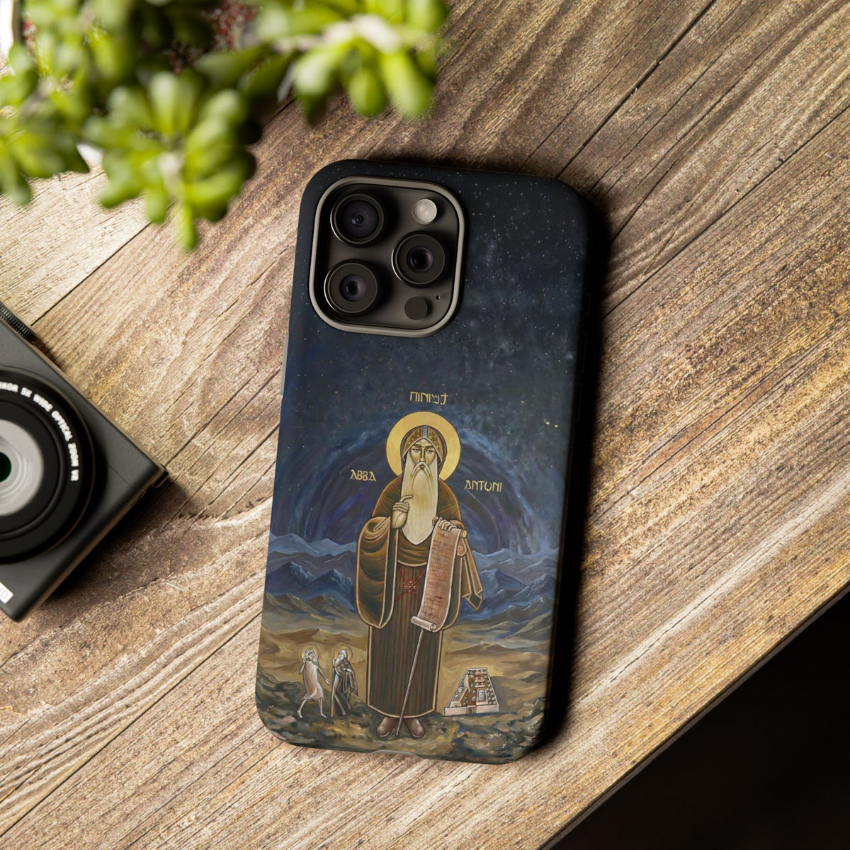 Christelijk telefoonhoesje Sint-Antonius de Grote donkerblauw mat