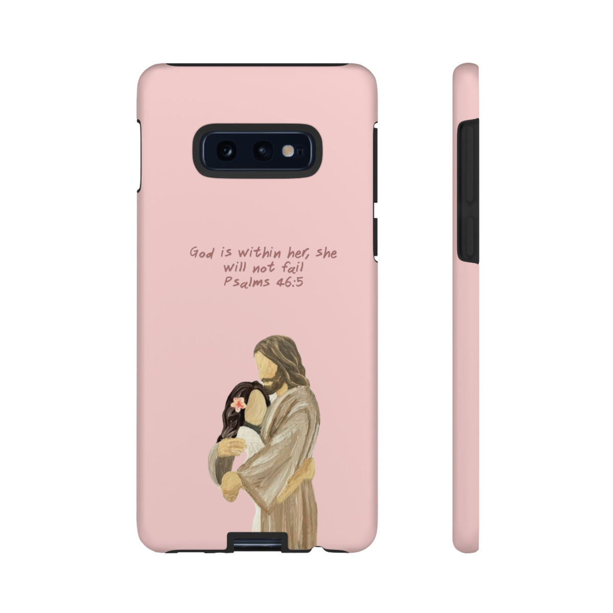 Christelijk telefoonhoesje God is in haar roze mat