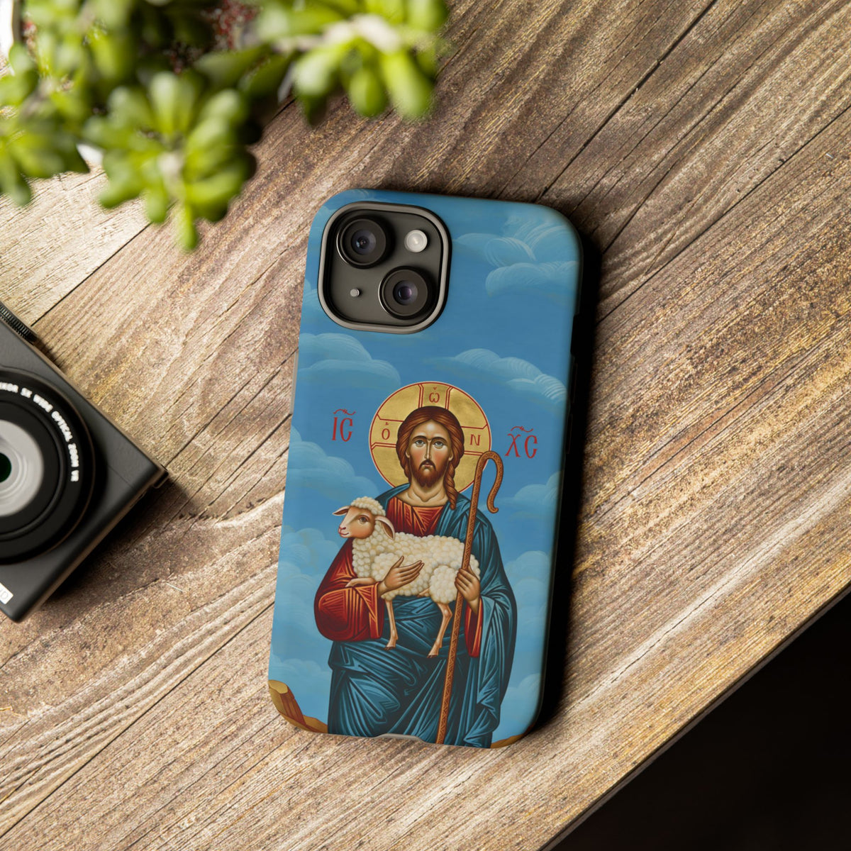 Christelijk telefoonhoesje De Goede Herder blauw mat
