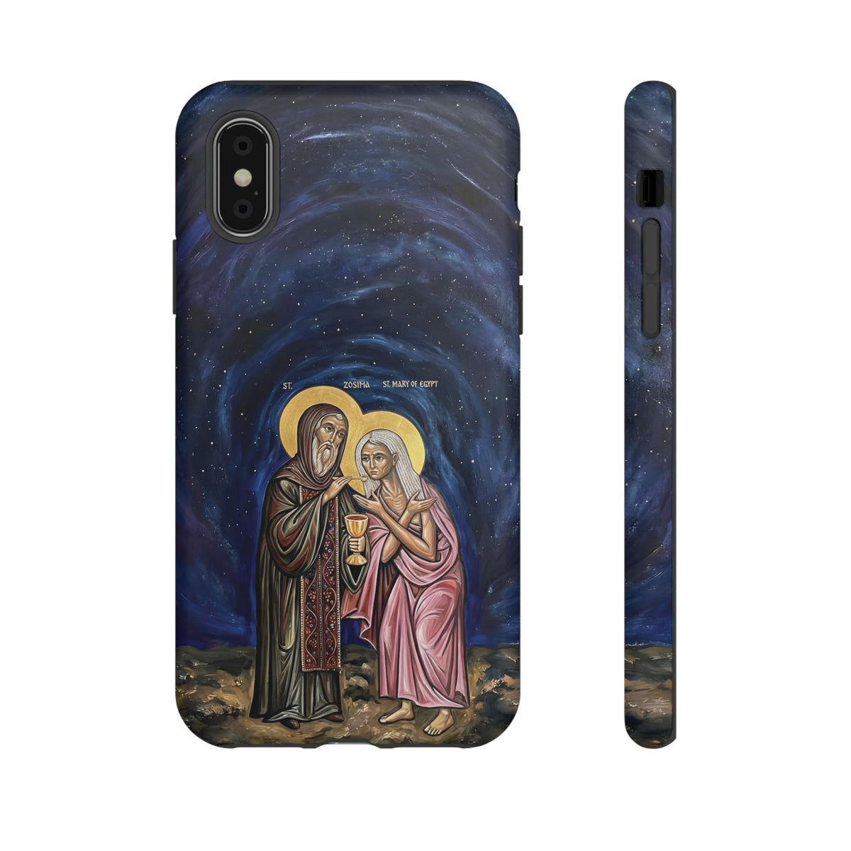 Christelijk telefoonhoesje Maria van Egypte en Sint-Zosimas donkerblauw mat