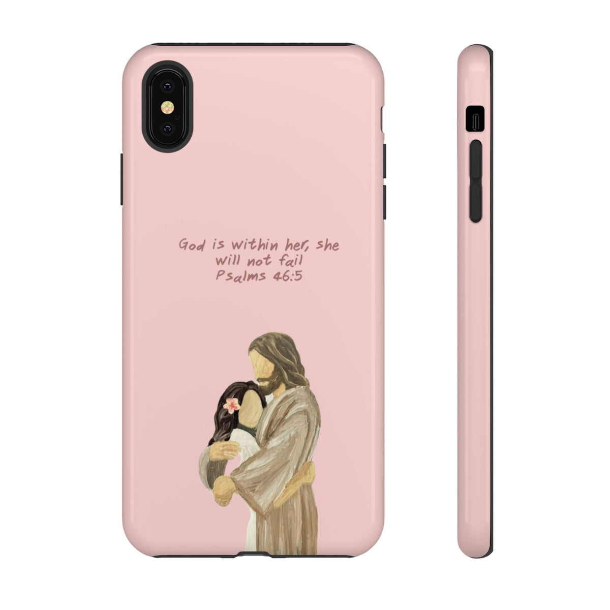 Christelijk telefoonhoesje God is in haar roze mat