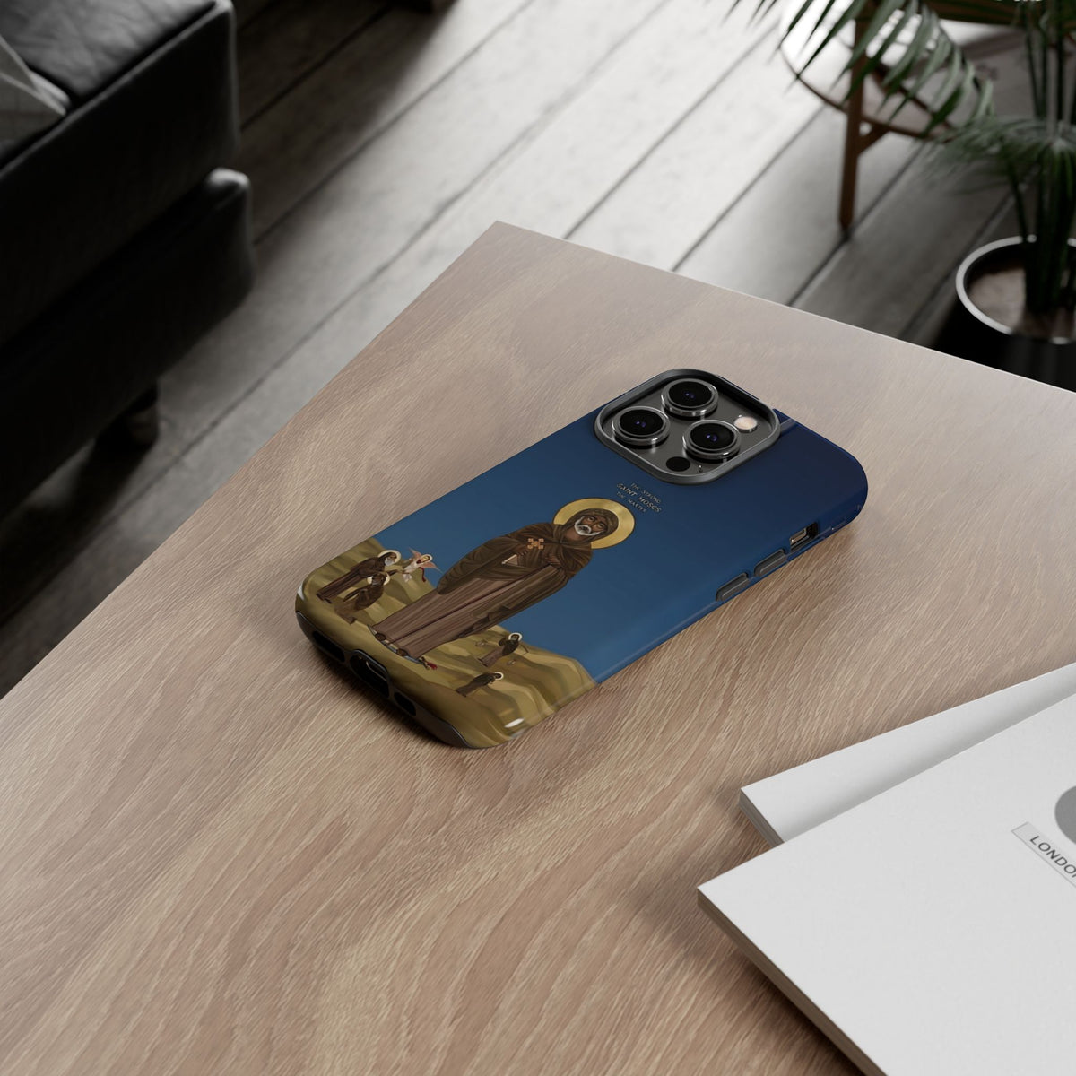 Christelijk telefoonhoesje Sint-Mozes de Sterke blauw mat