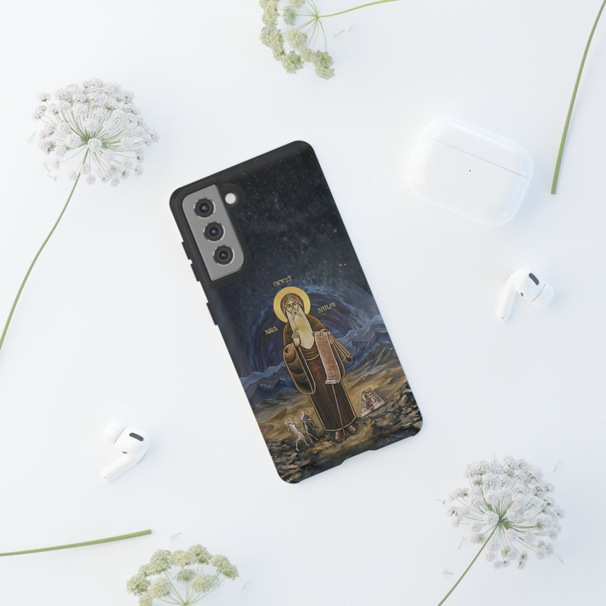 Christelijk telefoonhoesje Sint-Antonius de Grote donkerblauw mat