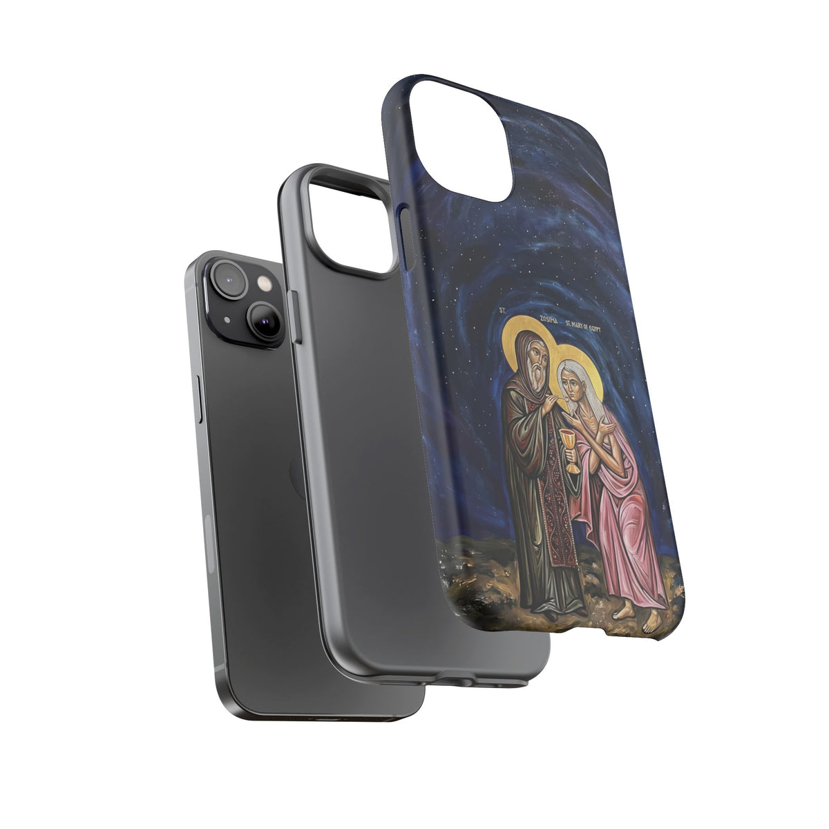 Christelijk telefoonhoesje Maria van Egypte en Sint-Zosimas donkerblauw mat
