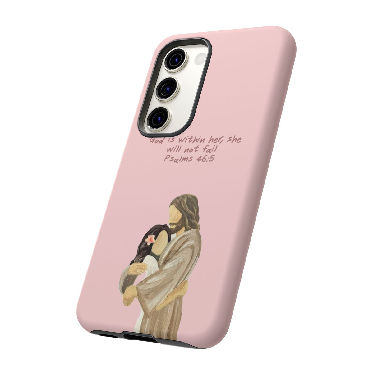 Christelijk telefoonhoesje God is in haar roze mat