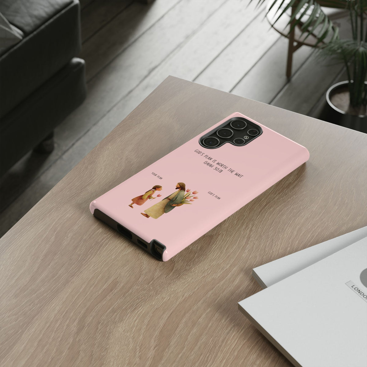 Christelijk telefoonhoesje Gods plan is beter roze mat