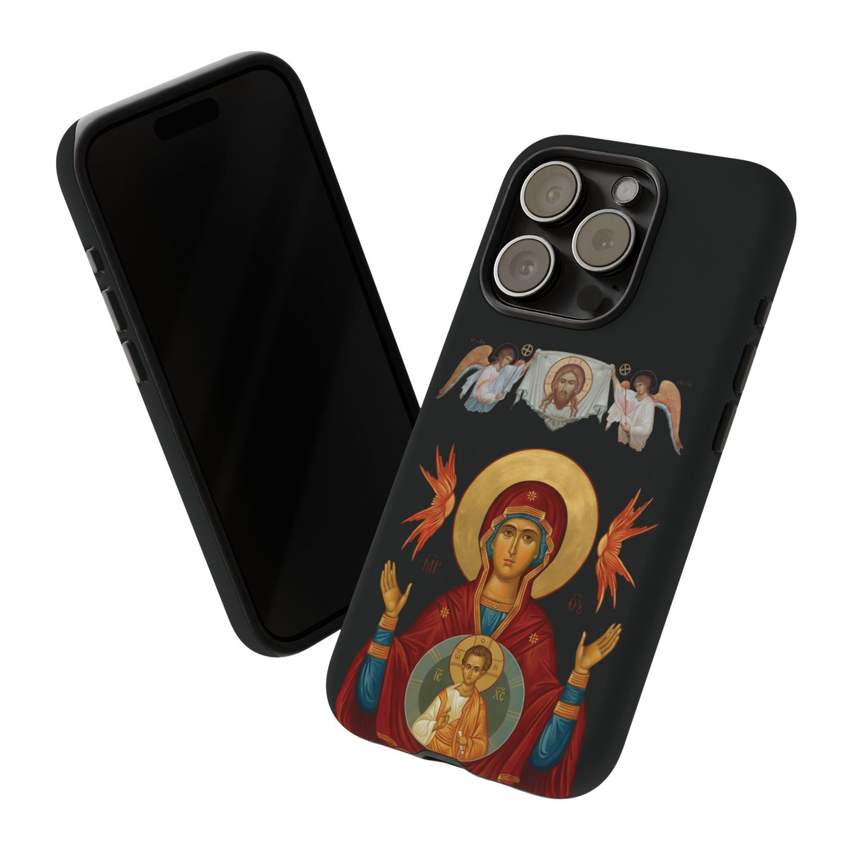 Christelijk telefoonhoesje De Heilige Maagd Maria zwart mat