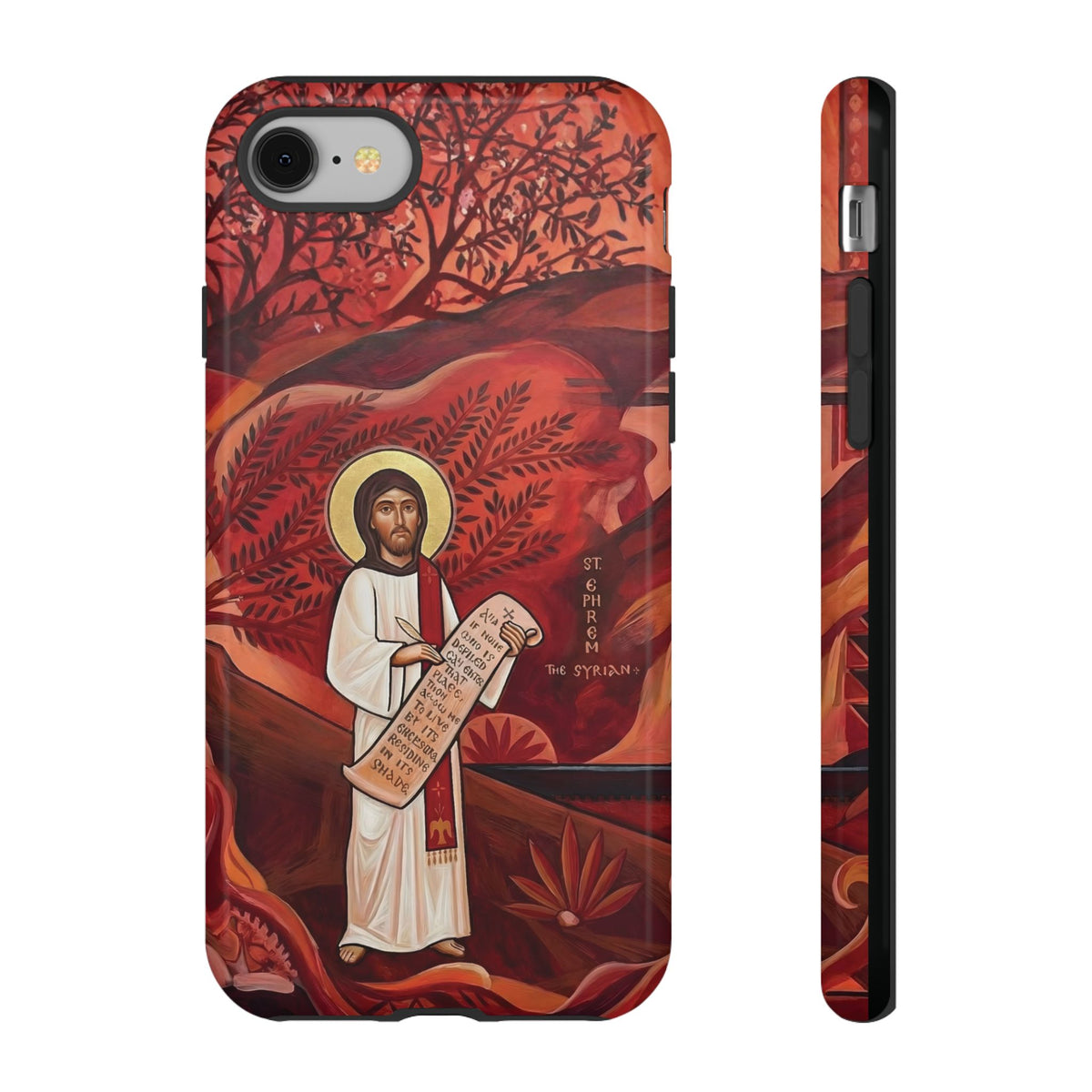 Christelijk telefoonhoesje Sint-Efrem de Syriër rood mat