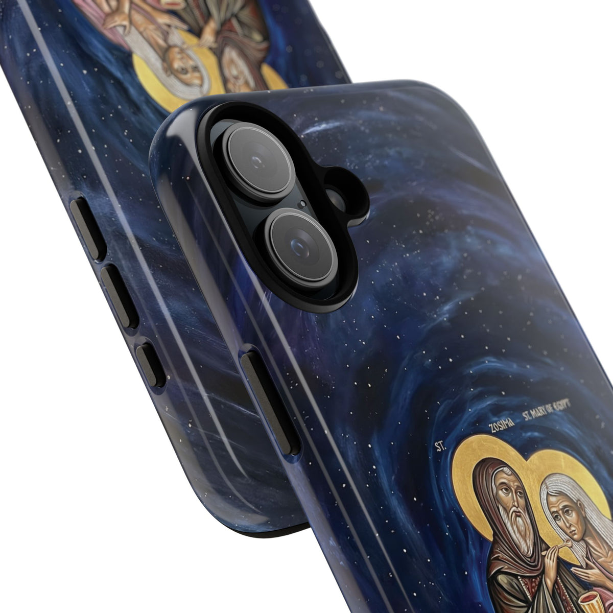 Christelijk telefoonhoesje Maria van Egypte en Sint-Zosimas donkerblauw mat