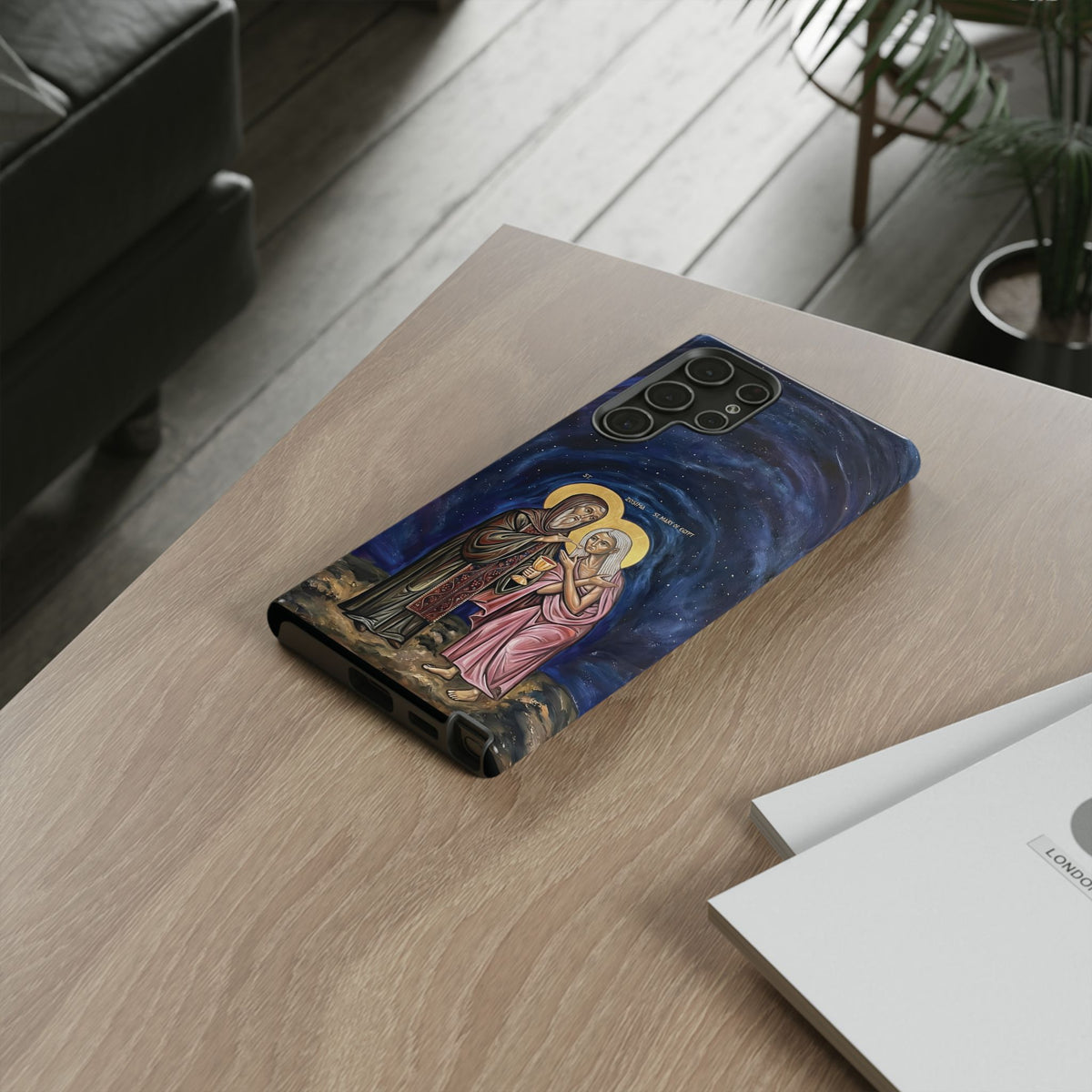 Christelijk telefoonhoesje Maria van Egypte en Sint-Zosimas donkerblauw mat