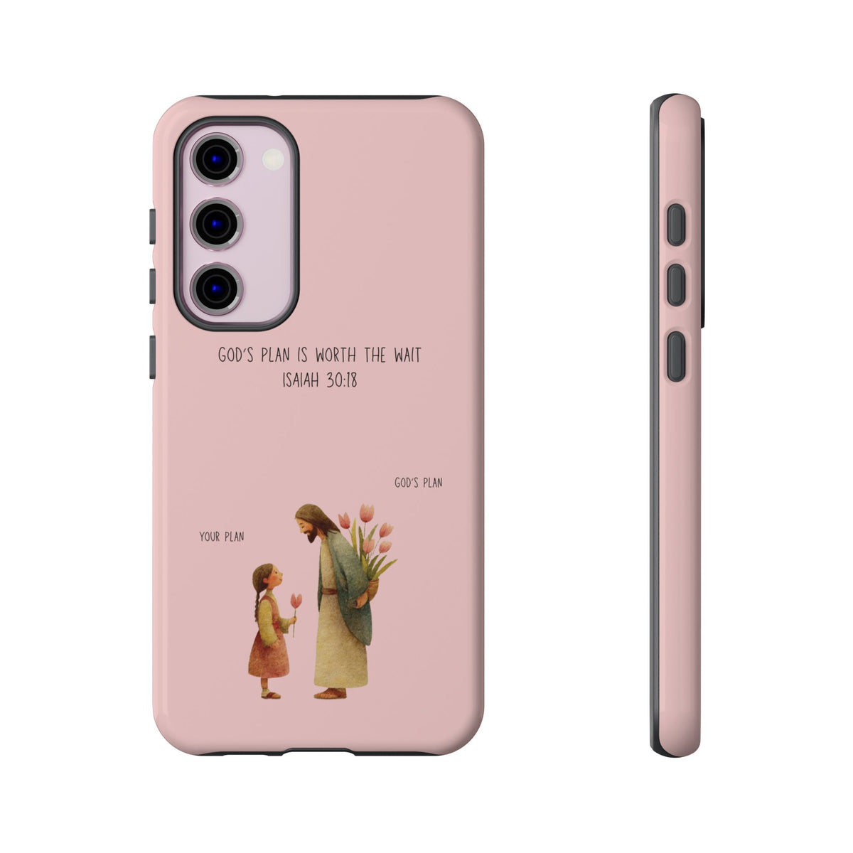 Christelijk telefoonhoesje Gods plan is beter roze mat