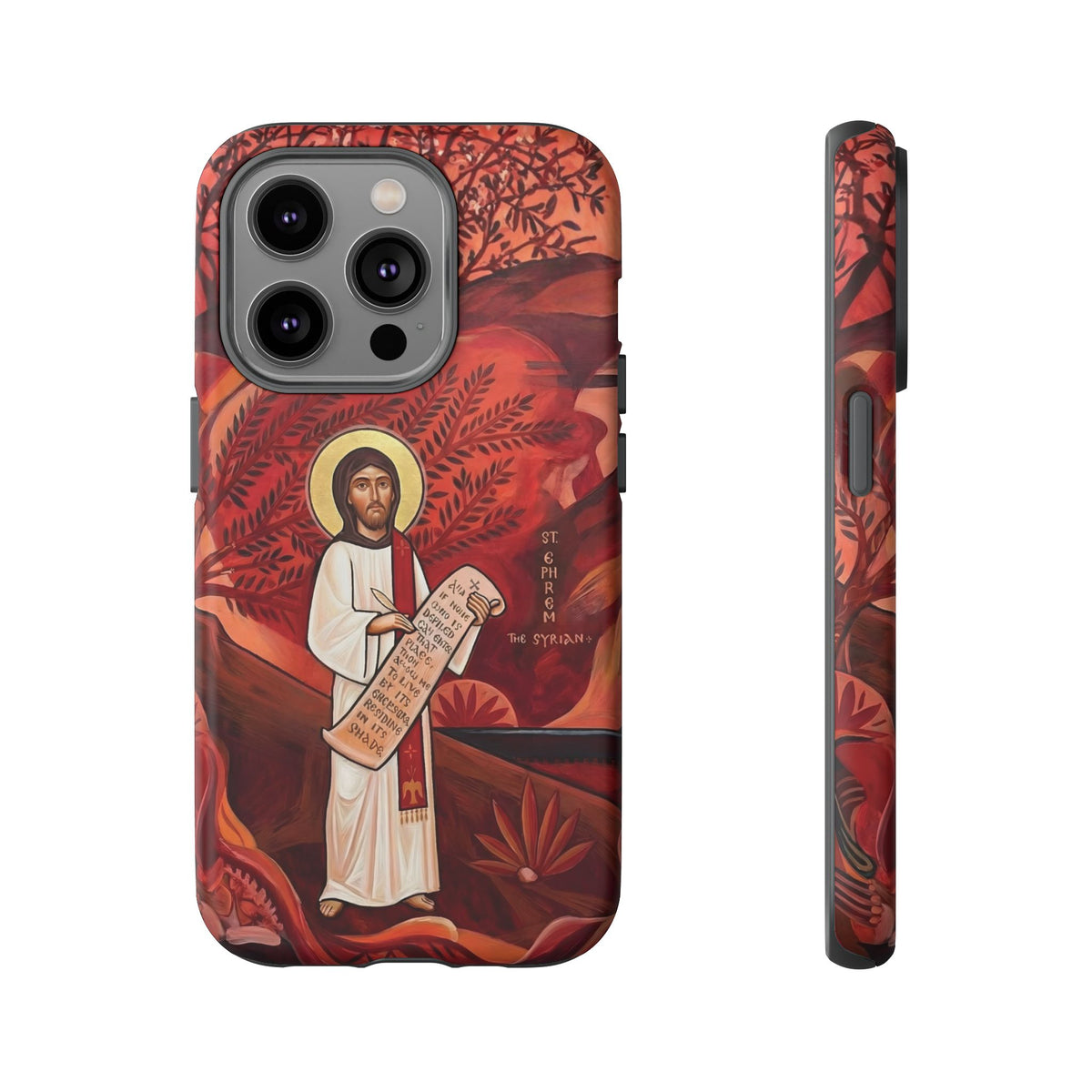 Christelijk telefoonhoesje Sint-Efrem de Syriër rood mat