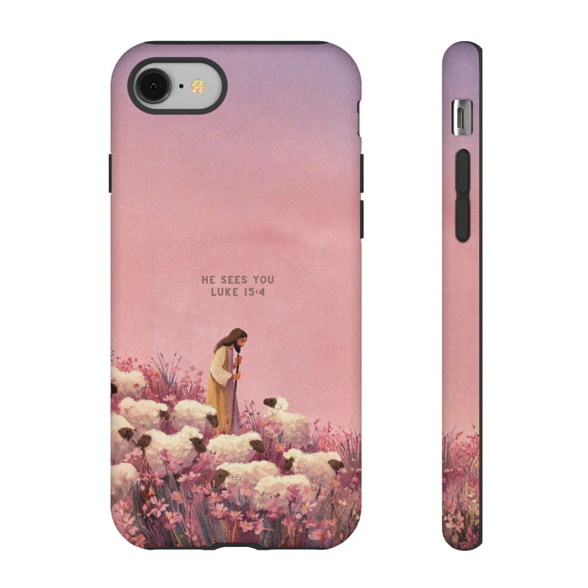 Christelijk telefoonhoesje Hij ziet jou roze mat