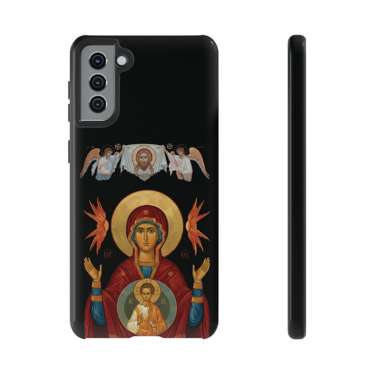 Christelijk telefoonhoesje De Heilige Maagd Maria zwart mat