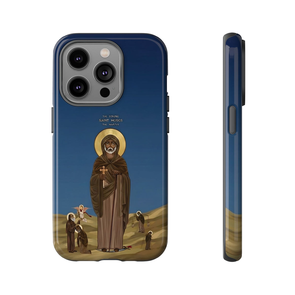 Christelijk telefoonhoesje Sint-Mozes de Sterke blauw mat