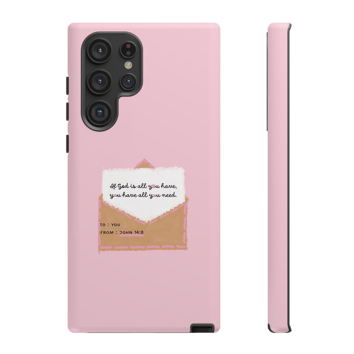 Christelijk telefoonhoesje God is alles wat je nodig hebt roze mat