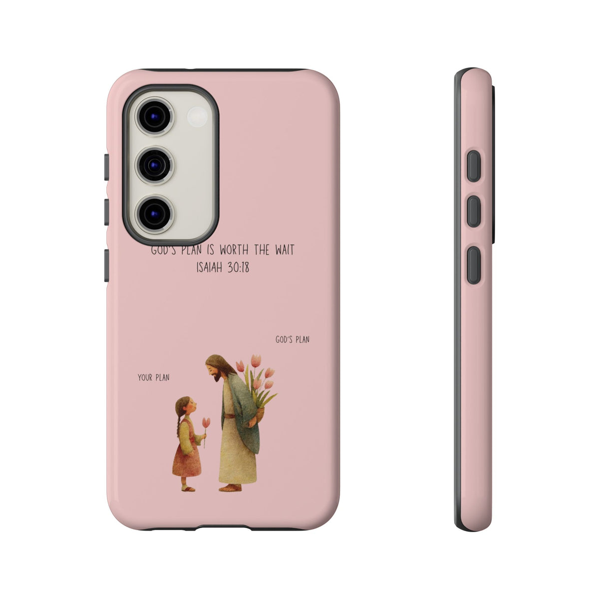 Christelijk telefoonhoesje Gods plan is beter roze mat