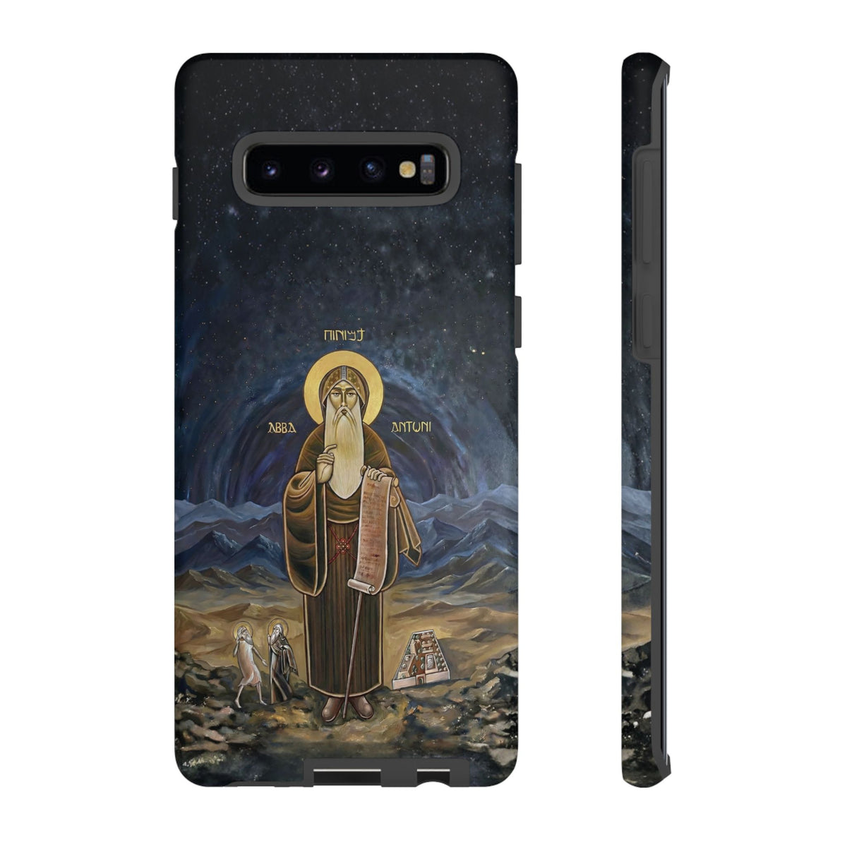 Christelijk telefoonhoesje Sint-Antonius de Grote donkerblauw mat