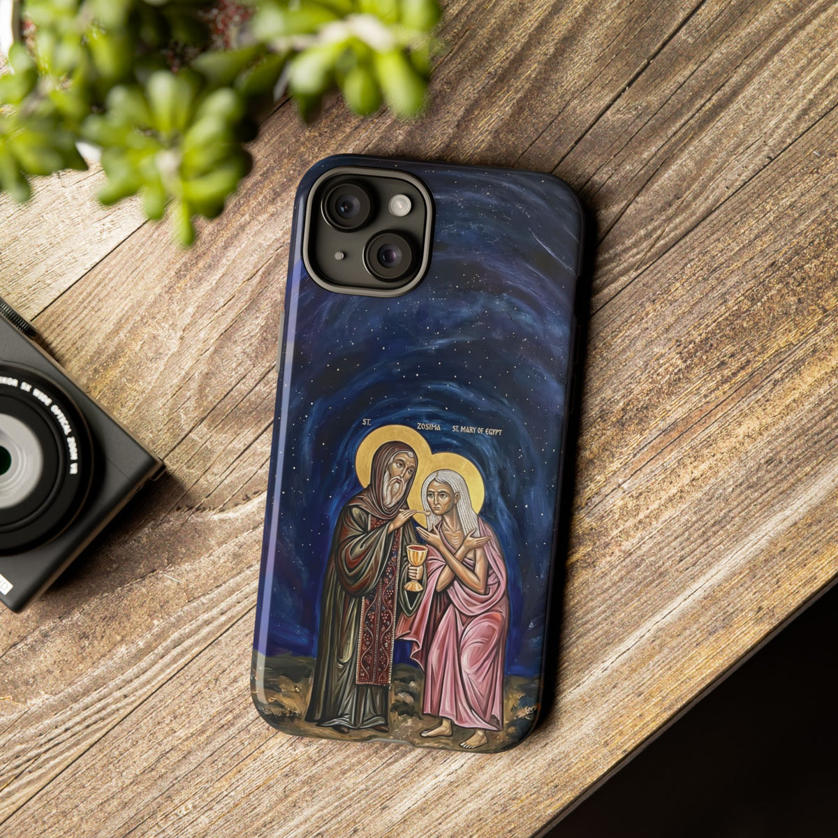 Christelijk telefoonhoesje Maria van Egypte en Sint-Zosimas donkerblauw mat