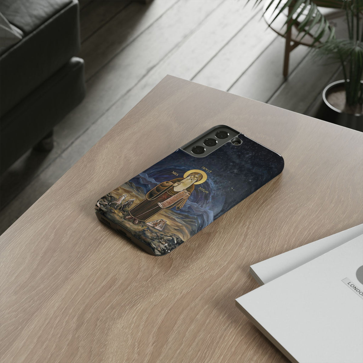Christelijk telefoonhoesje Sint-Antonius de Grote donkerblauw mat