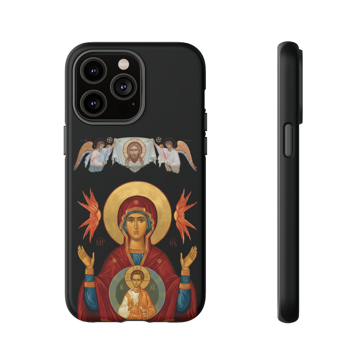 Christelijk telefoonhoesje De Heilige Maagd Maria zwart mat