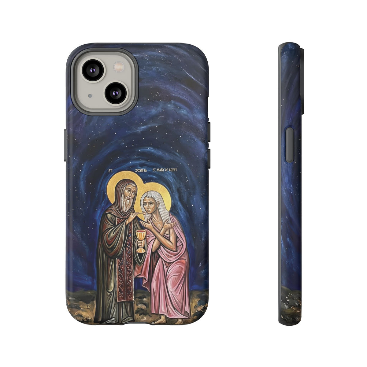 Christelijk telefoonhoesje Maria van Egypte en Sint-Zosimas donkerblauw mat