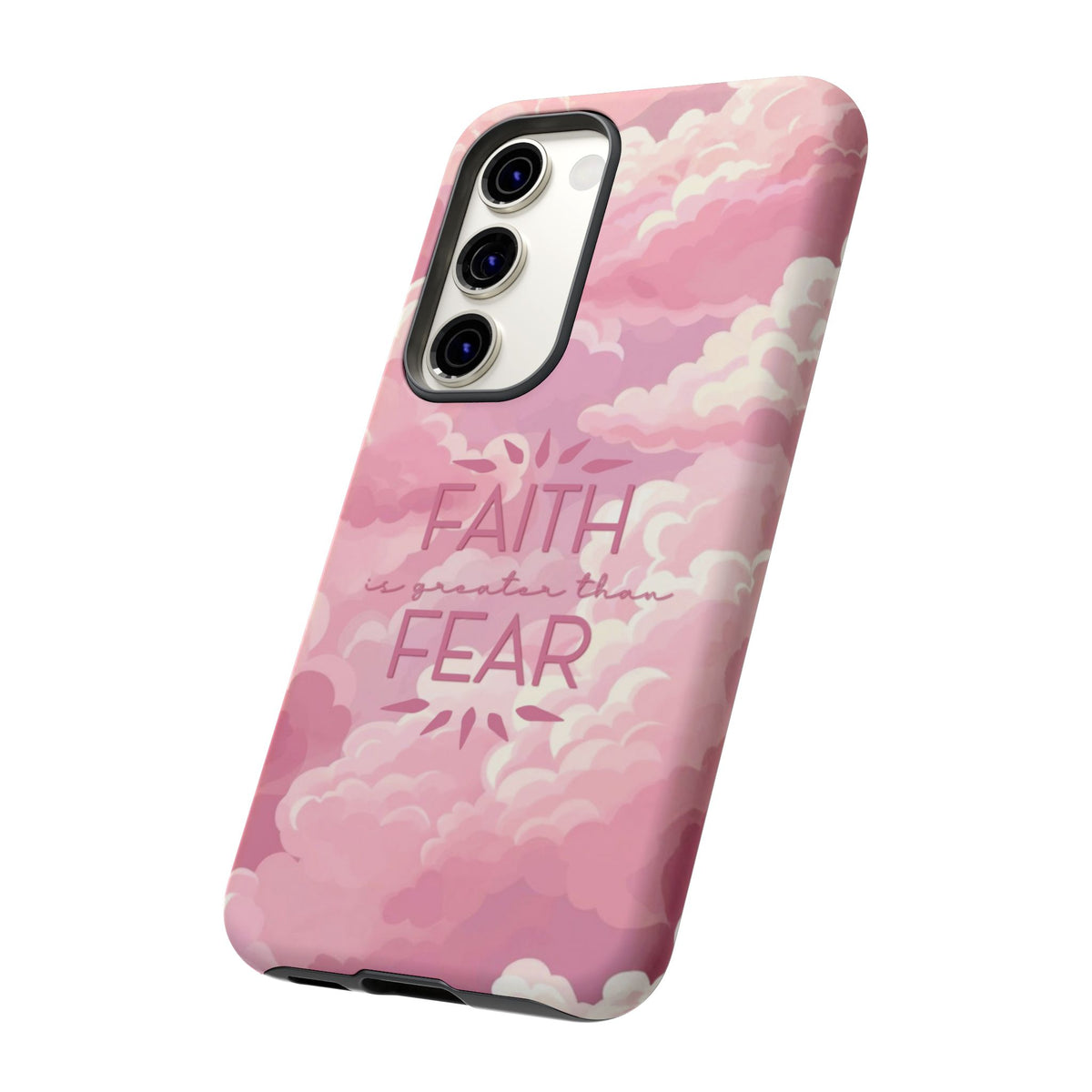 Christelijk telefoonhoesje Geloof is sterker dan angst roze mat
