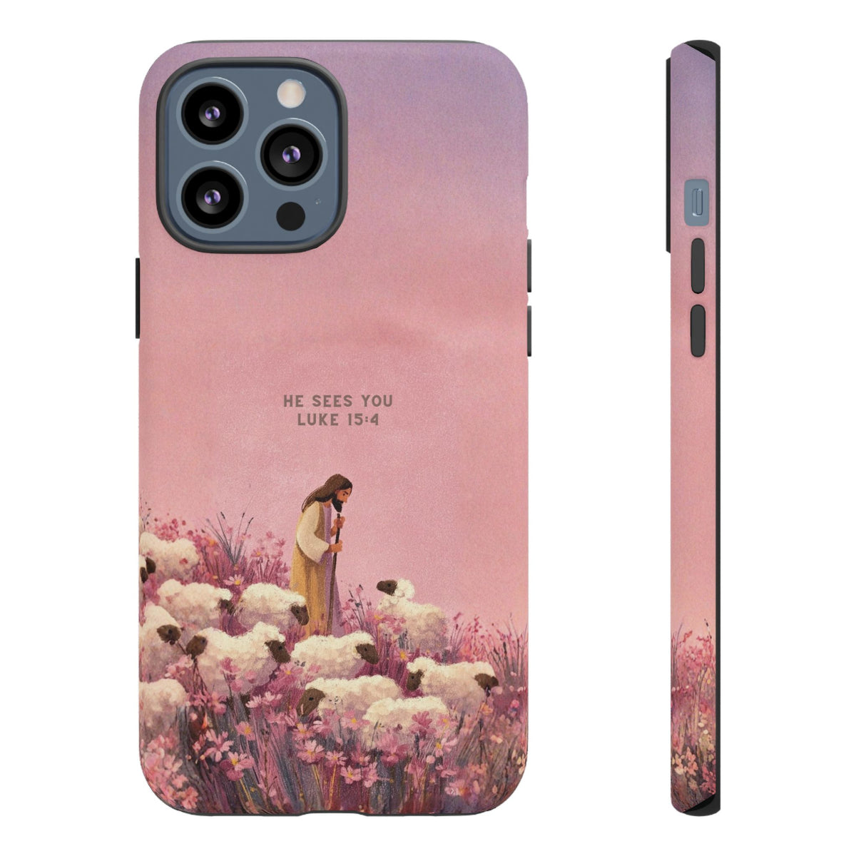 Christelijk telefoonhoesje Hij ziet jou roze mat