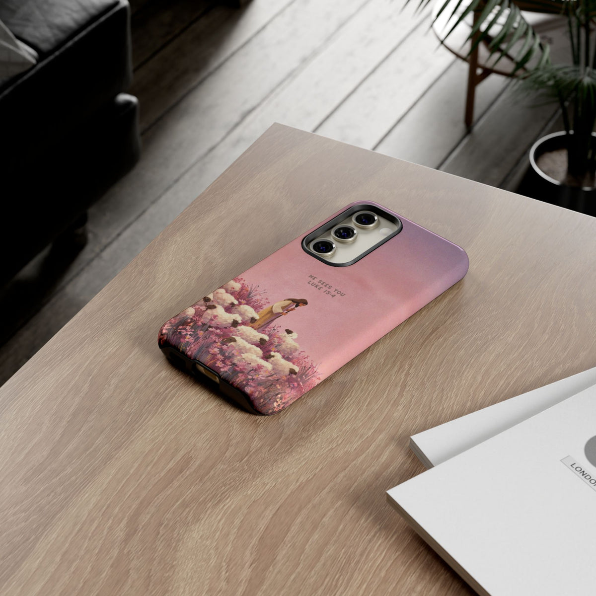 Christelijk telefoonhoesje Hij ziet jou roze mat