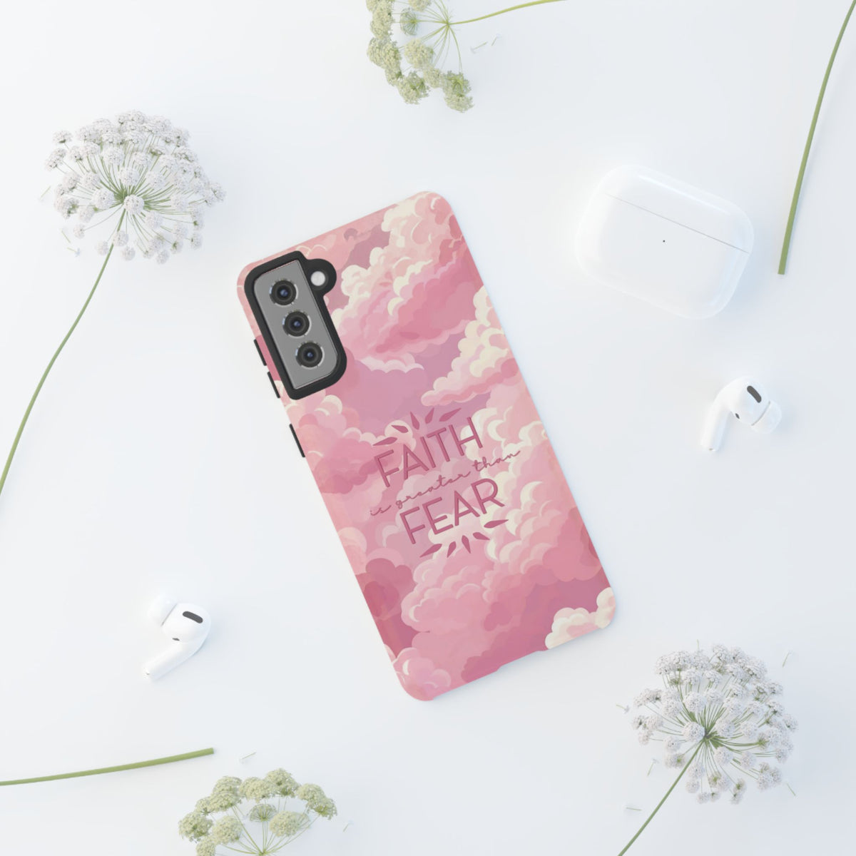 Christelijk telefoonhoesje Geloof is sterker dan angst roze mat
