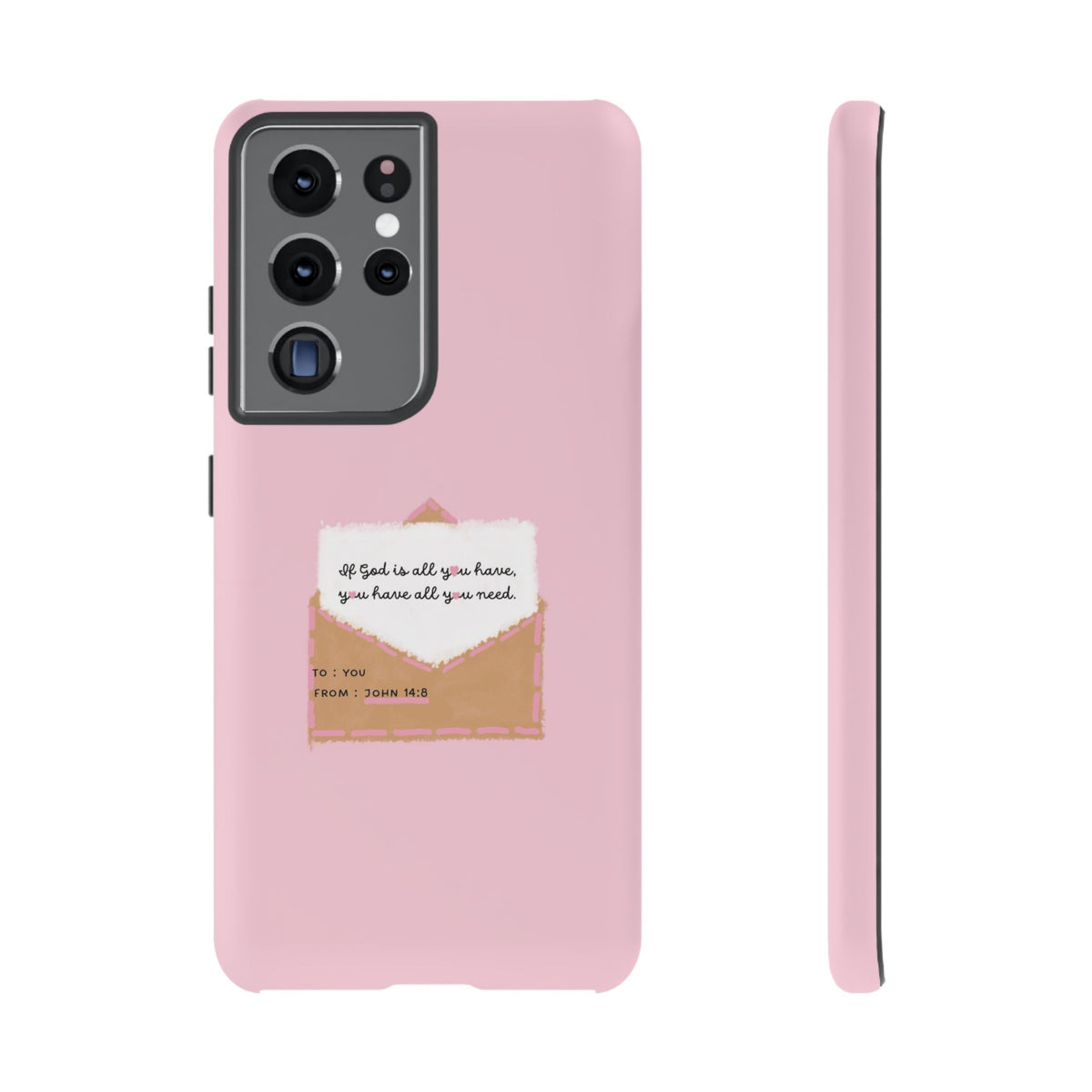 Christelijk telefoonhoesje God is alles wat je nodig hebt roze mat