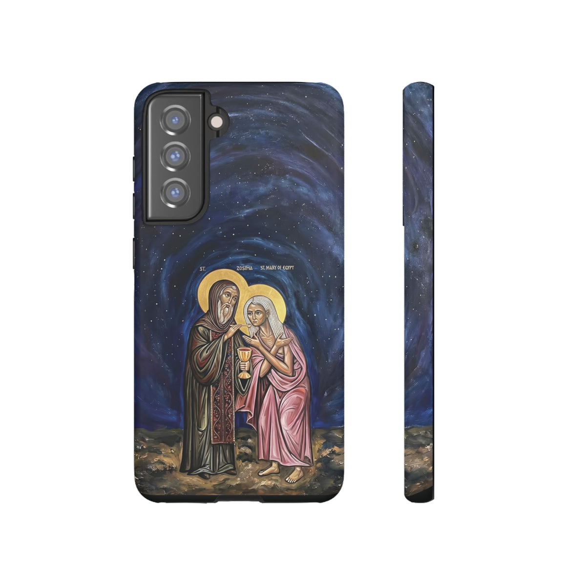 Christelijk telefoonhoesje Maria van Egypte en Sint-Zosimas donkerblauw mat