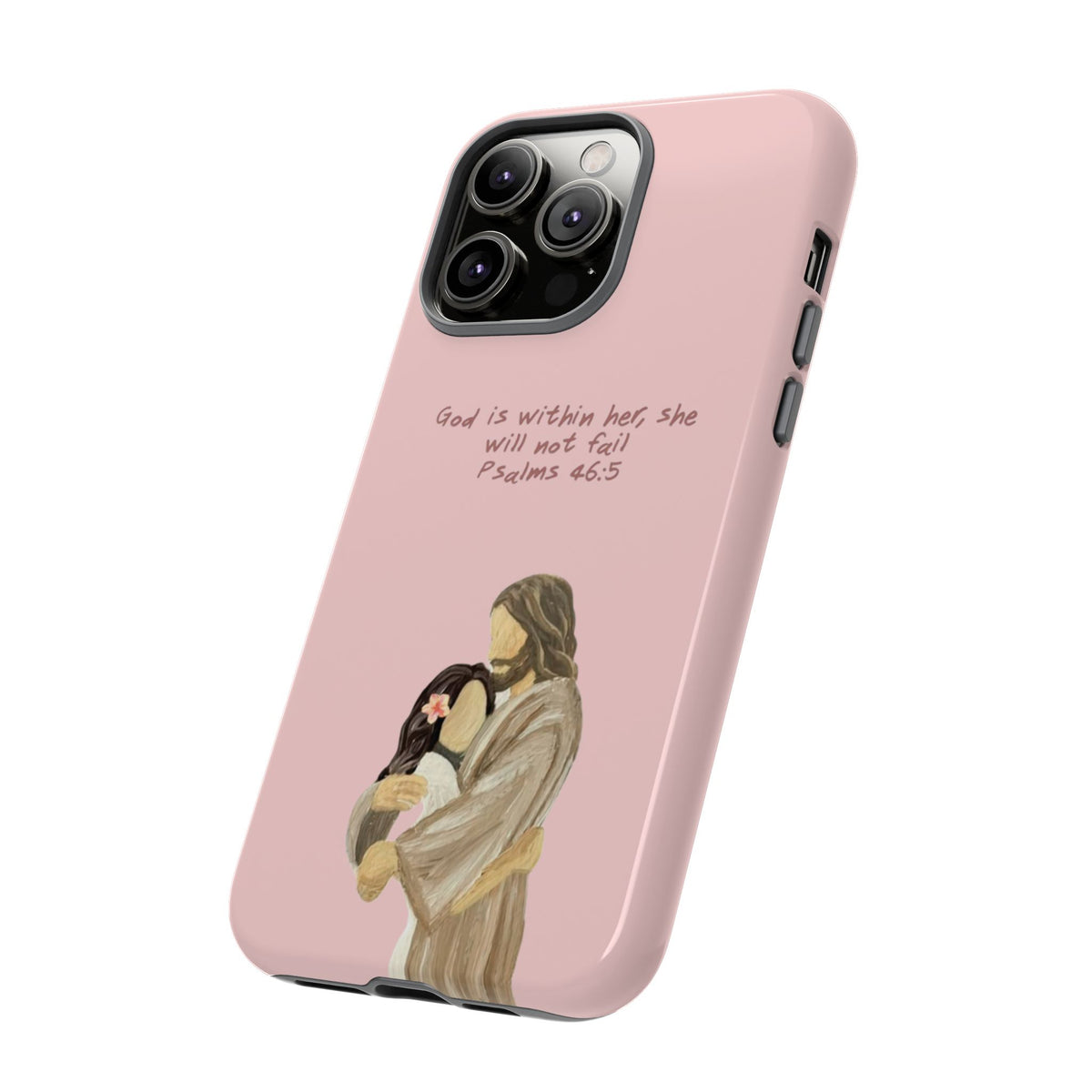 Christelijk telefoonhoesje God is in haar roze mat