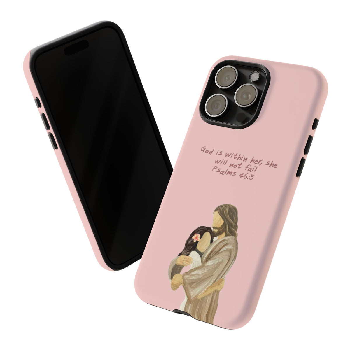 Christelijk telefoonhoesje God is in haar roze mat
