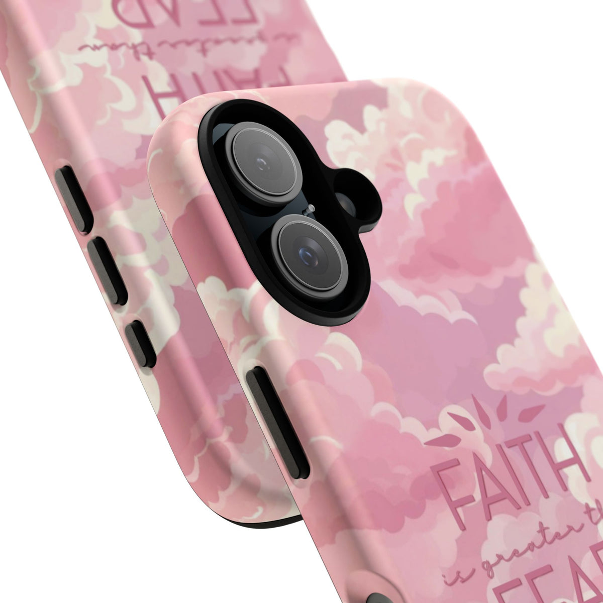 Christelijk telefoonhoesje Geloof is sterker dan angst roze mat
