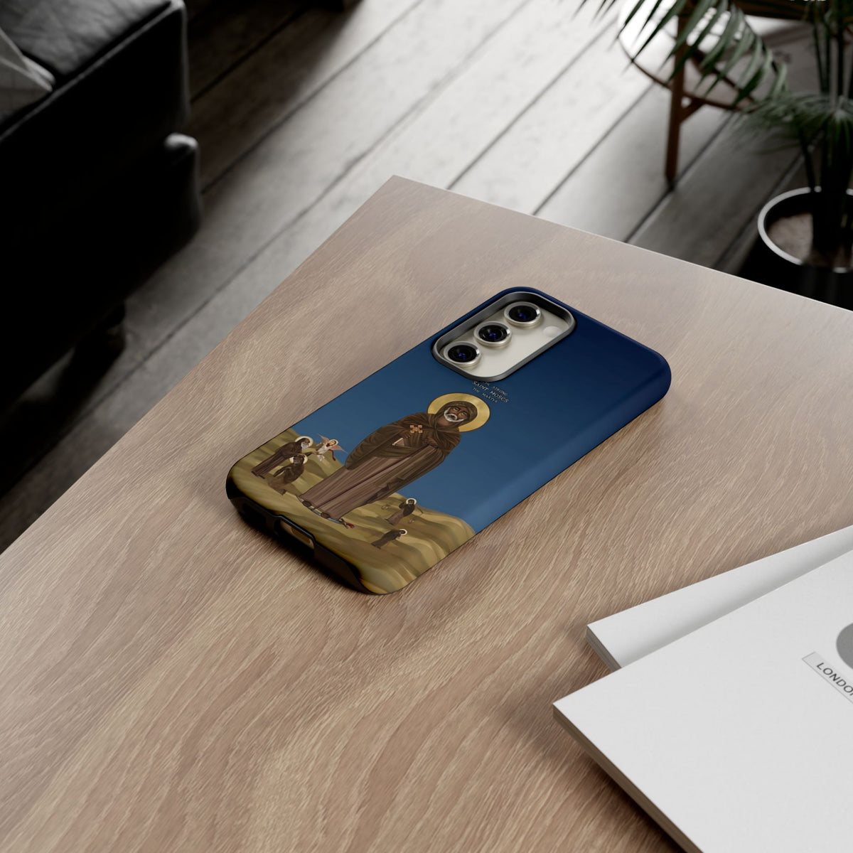 Christelijk telefoonhoesje Sint-Mozes de Sterke blauw mat
