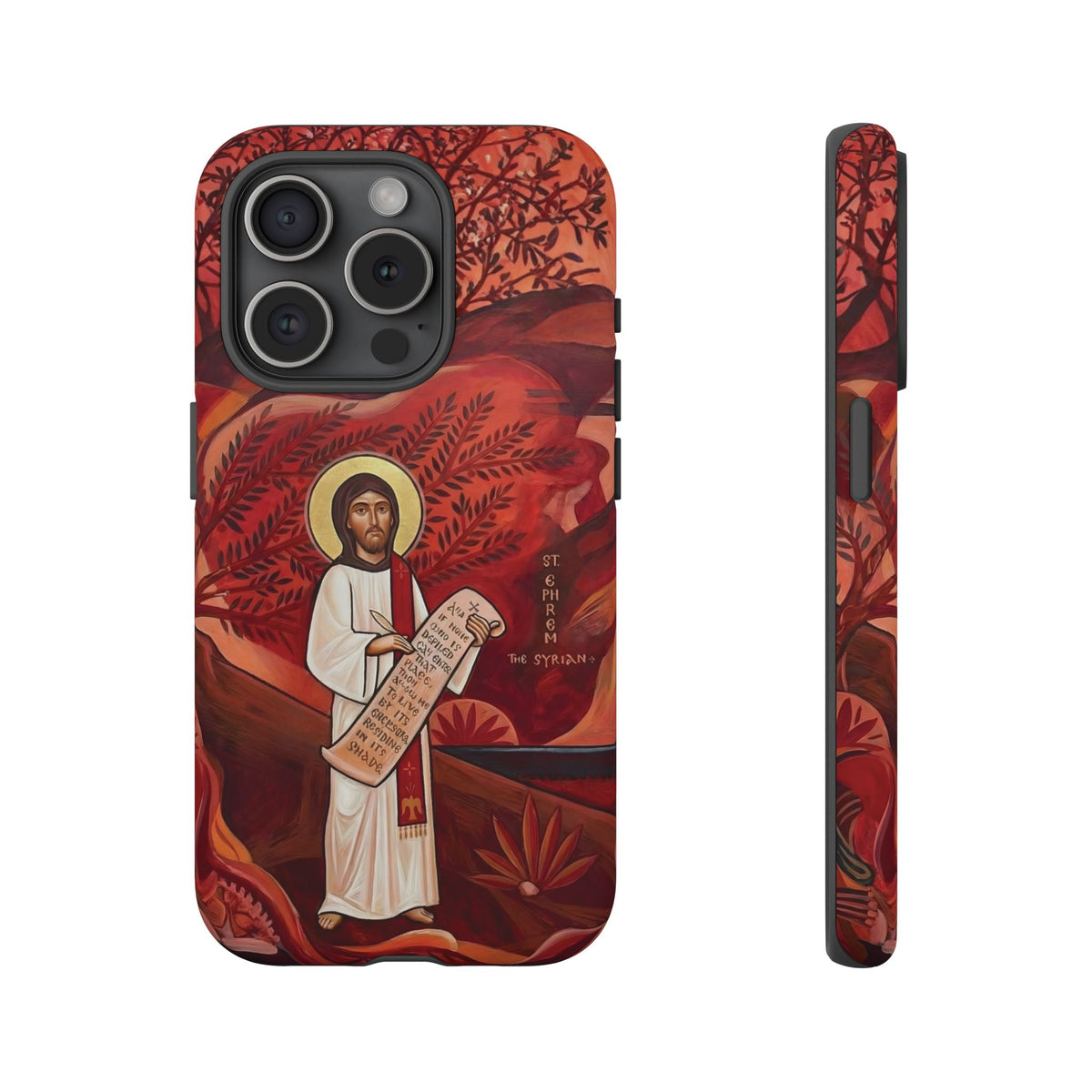 Christelijk telefoonhoesje Sint-Efrem de Syriër rood mat