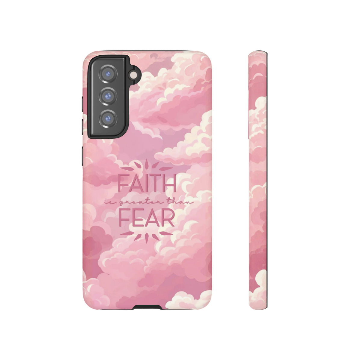 Christelijk telefoonhoesje Geloof is sterker dan angst roze mat
