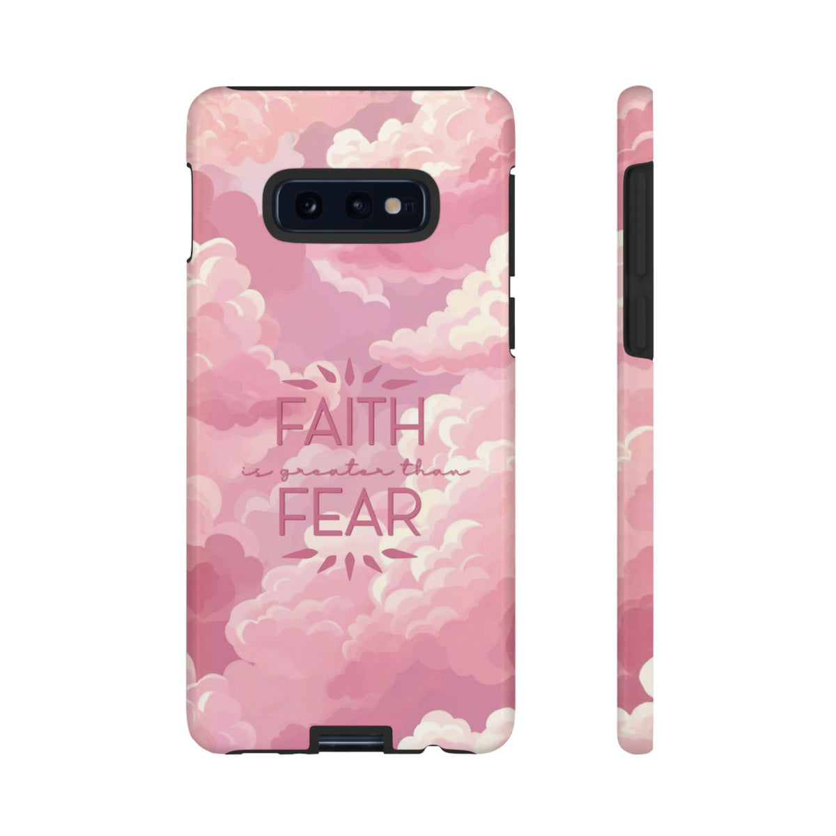 Christelijk telefoonhoesje Geloof is sterker dan angst roze mat