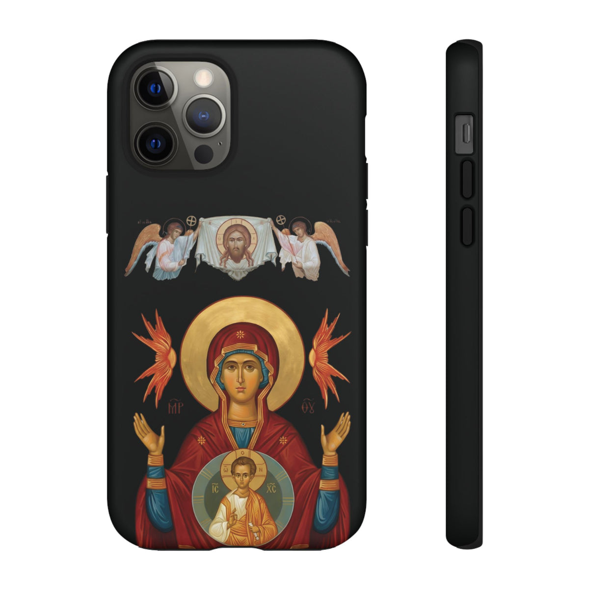 Christelijk telefoonhoesje De Heilige Maagd Maria zwart mat