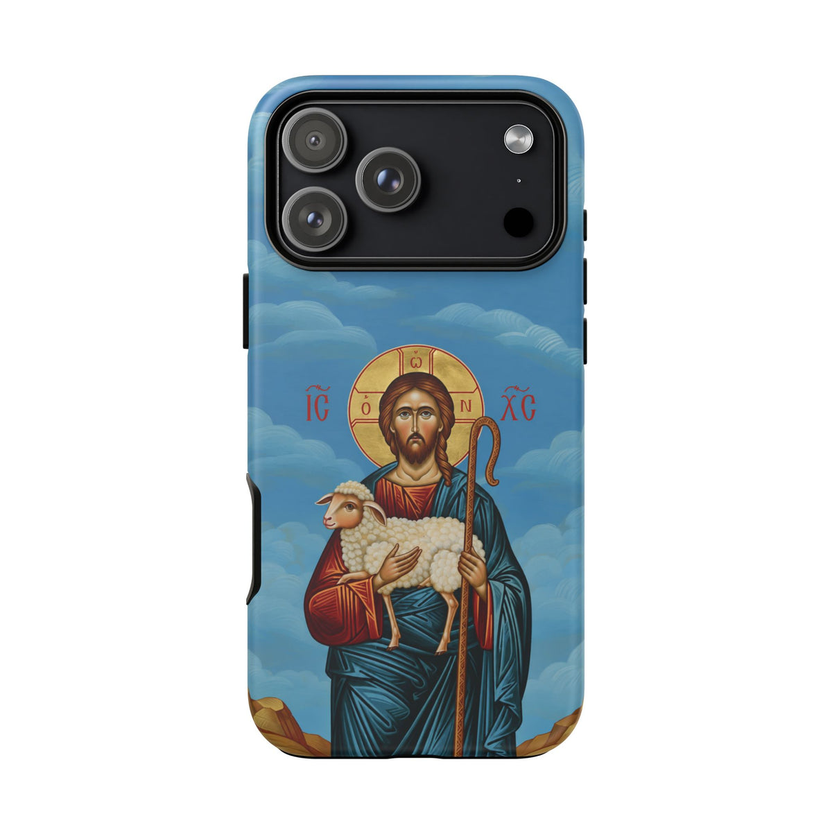 Christelijk telefoonhoesje De Goede Herder blauw mat