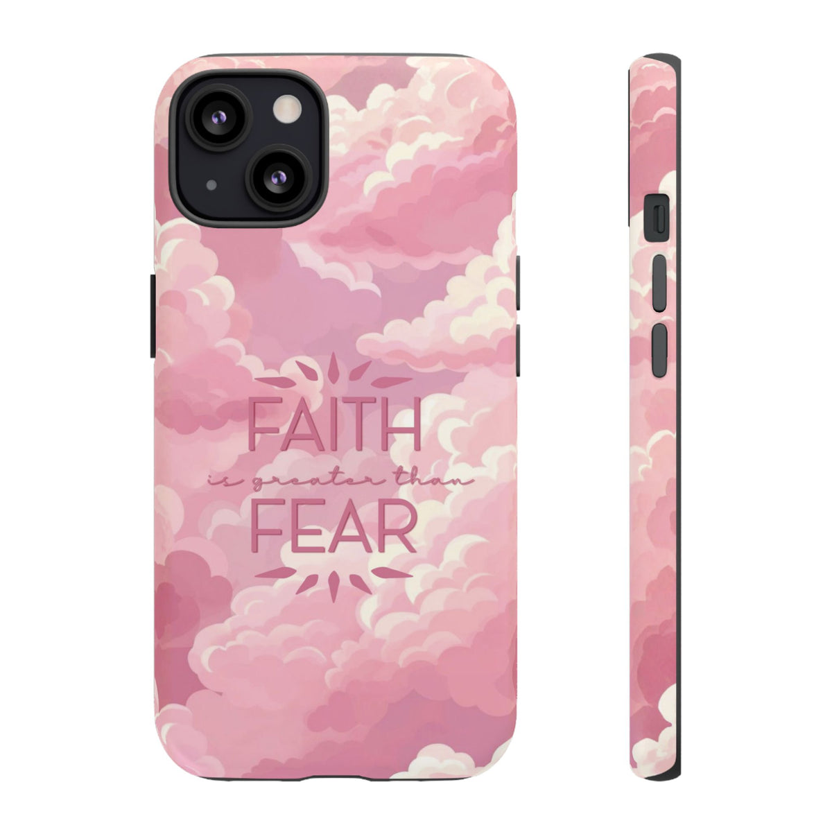 Christelijk telefoonhoesje Geloof is sterker dan angst roze mat