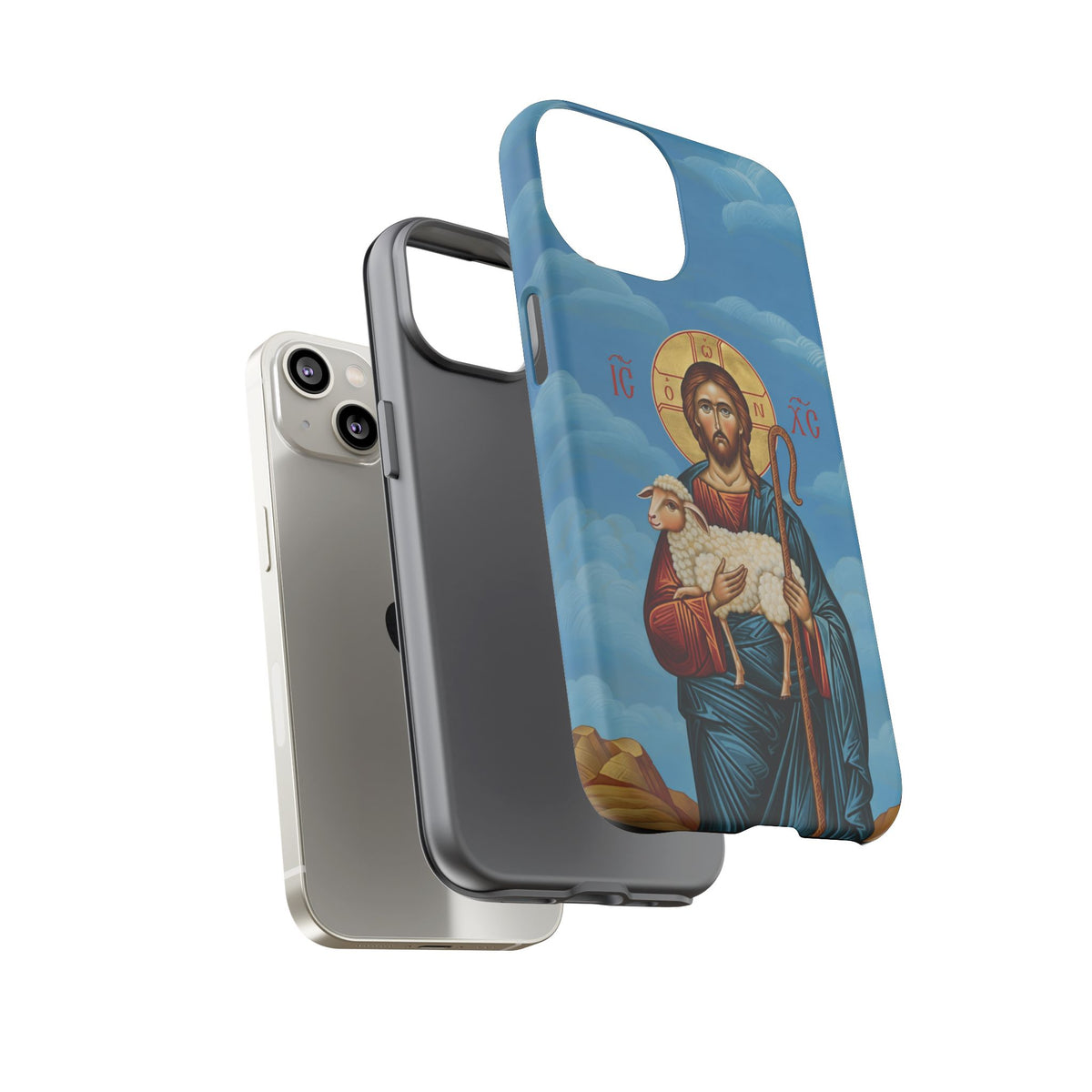 Christelijk telefoonhoesje De Goede Herder blauw mat
