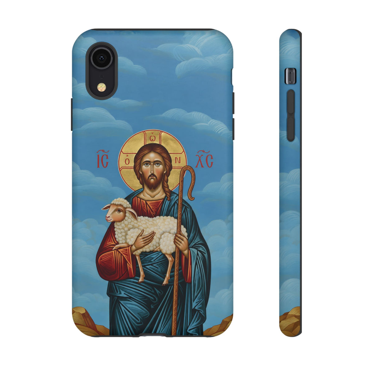 Christelijk telefoonhoesje De Goede Herder blauw mat