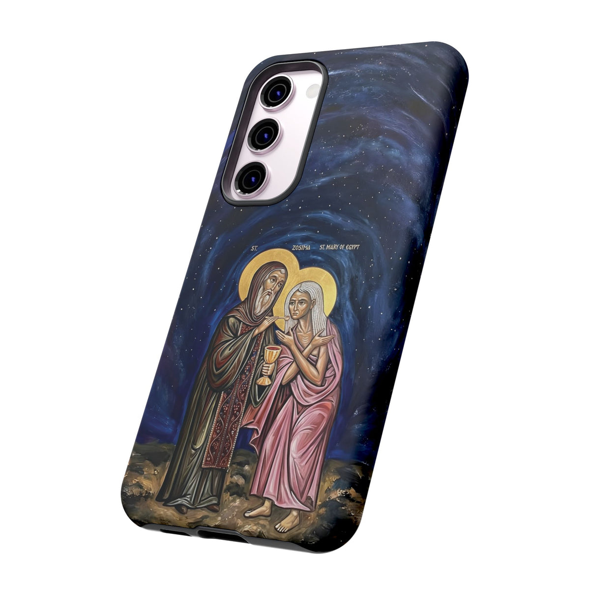 Christelijk telefoonhoesje Maria van Egypte en Sint-Zosimas donkerblauw mat