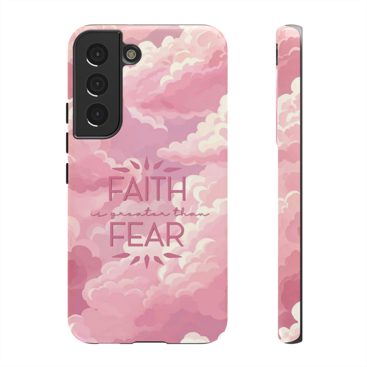 Christelijk telefoonhoesje Geloof is sterker dan angst roze mat