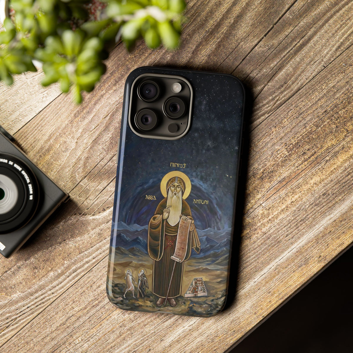 Christelijk telefoonhoesje Sint-Antonius de Grote donkerblauw mat
